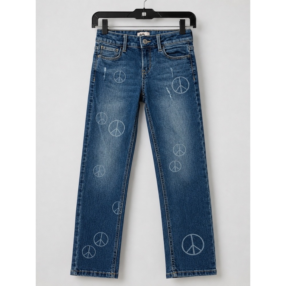 SO Girls Peace Sign Graphic Straight Leg Jeans Medium Wash Distressed Size 8